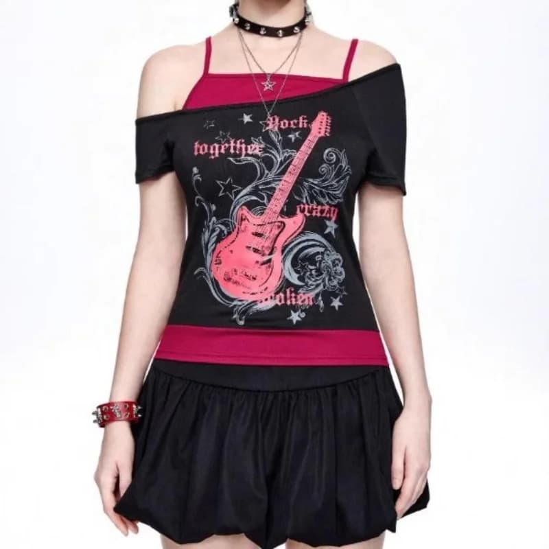 Y2K Rock Gitáros Top — Fekete/Pink — 1