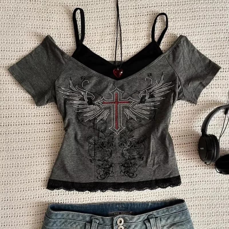 Y2K Gót Crop Top — Szürke kereszt mintás — 1